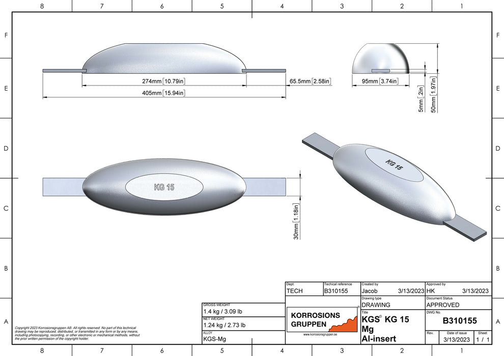 Magnesium anode type 15 alu insert - 10.78 * 3.74 * 1.96, (15.94inch total), 2.75Lb. AZ63-1.5VDC.