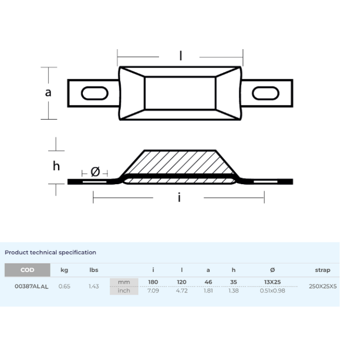 Ritning på Aluminiumanod 650g, 180*46*35mm (180mm), hål 13*25mm, T00387ALAL