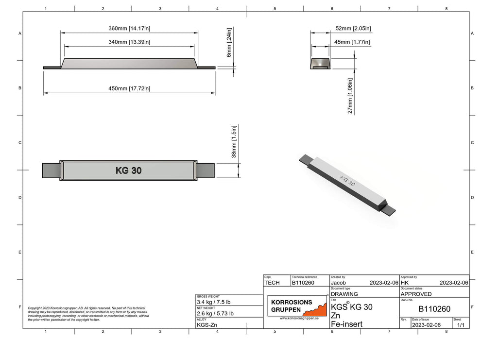 Zinkanod TYP 30 - 360*52*27mm / 14*2*1.06in, Armering: Stål, 450*40*6mm / 17.8*1.6*0.23in, 2.6kg netto