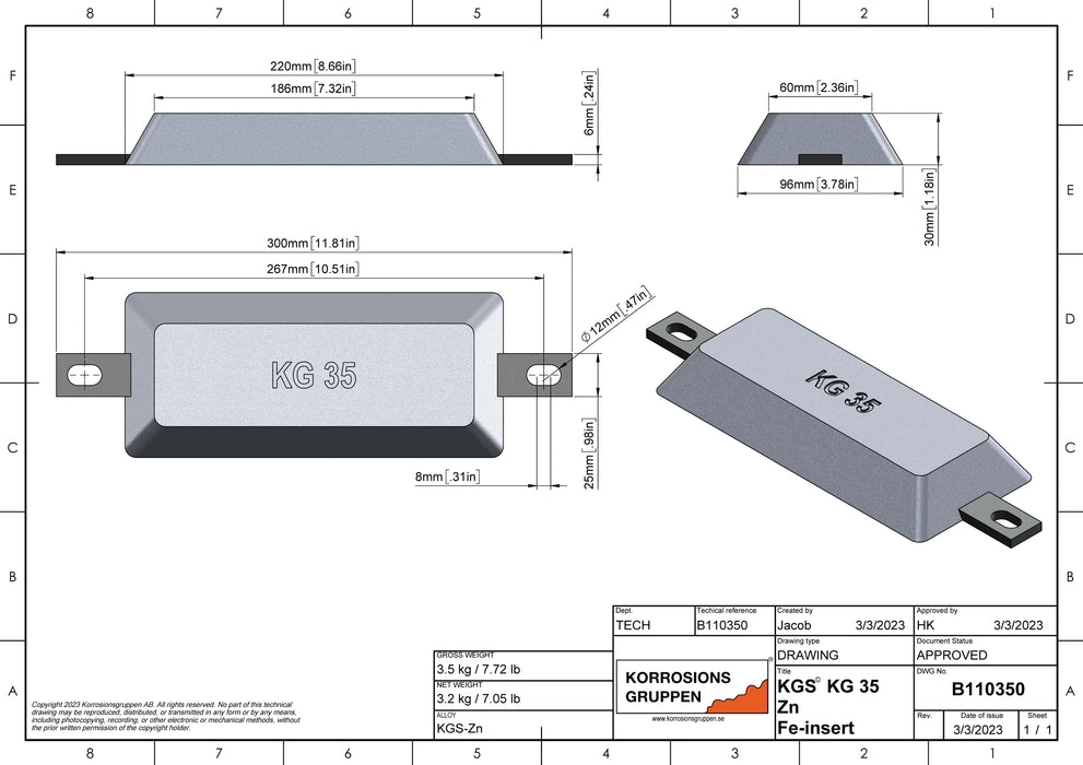 Zinc hull anode Type 35 - 220 * 96 * 30