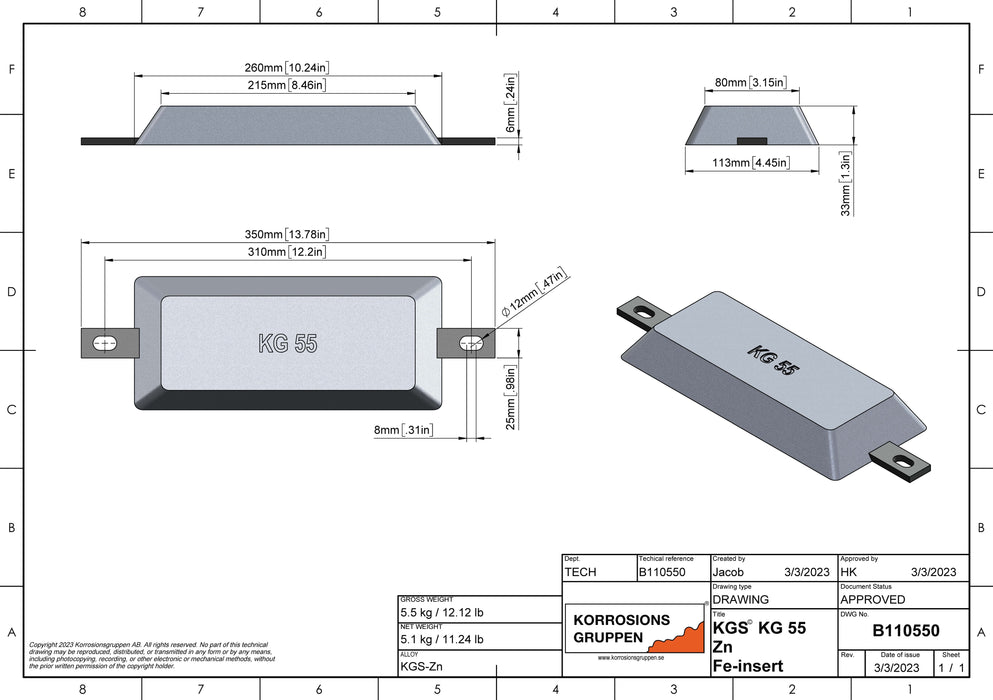 B110555 zinkanod med aluminium armering