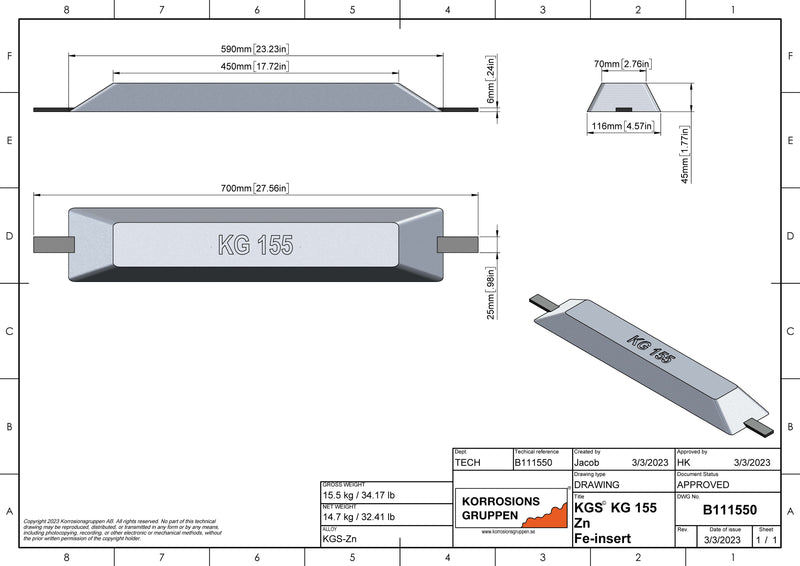 نوع الزنك الأنود 155 - 590*116*45mm/23.23*4.57*1.77in ، B111550