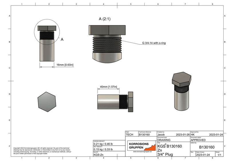 Zinkanod med 3/4" stålplugg, ø16*40mm / ø0.63in*1.57in