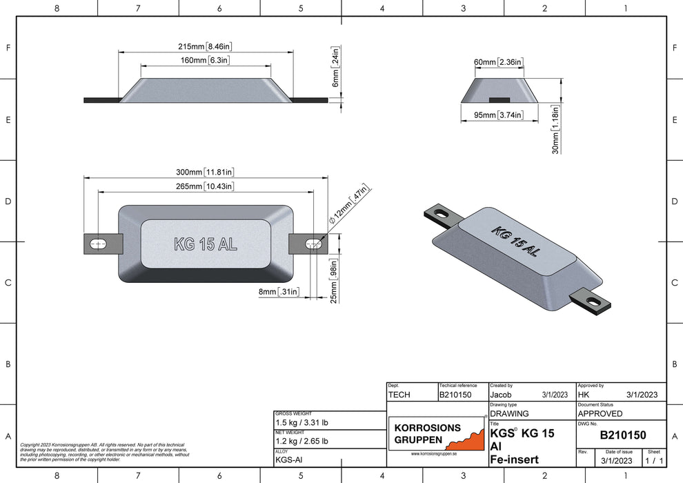 Aluminum anode TYPE 15 - 8.46*3.7*1.18inch