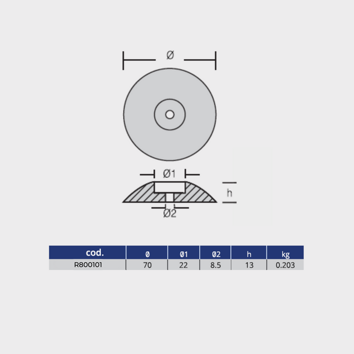 Ritning på Zinkanod roder - DIA:70mm, 0.203KG/0,45LB - 2-PACK, R800101