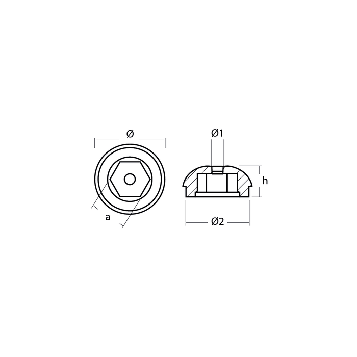 Ritning på Zinkanod Sidepower - Sleipner propeller nut Ø45 H.20, T01052, 71190/51180 - AnodeFactory